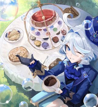 1girl ;) ascot asymmetrical_gloves black_ascot blue_ascot blue_eyes blue_gemstone blue_hat blue_jacket blue_shirt bow cake cake_slice cinnamon_roll closed_mouth coat cosplay cowlick cup cupcake drop-shaped_pupils eyelash_ornament food food_focus fork furina_(genshin_impact) furina_(genshin_impact)_(cosplay) gem genshin_impact gloves hat heterochromia highres holding holding_plate hydro_symbol_(genshin_impact) jacket mismatched_gloves mismatched_pupils multicolored_hair one_eye_closed ouji_fashion pastry plate shirt smile solo streaked_hair sweets symbol-shaped_pupils syrup teacup top_hat waffle yukii91218