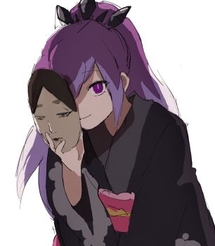 1girl ayu_3ays black_kimono highres holding holding_mask hyakkihime japanese_clothes kimono long_hair looking_at_viewer mask purple_eyes purple_hair simple_background solo upper_body white_background youkai_(youkai_watch) youkai_watch