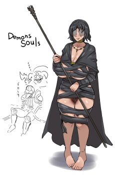 1boy 1girl absurdres ass black_hair blush breasts censored demon&#039;s_souls fromsoftware highres horns huge_breasts kanden-ki maiden_in_black monster pussy slayer_of_demons smile