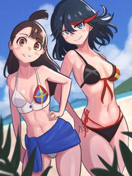 2girls absurdres asymmetrical_bangs beach bikini black_bikini blue_bikini blue_eyes blue_hair blue_sky blush_stickers brown_eyes brown_hair closed_mouth cloud crossover grin hair_between_eyes hand_on_own_hip highres kagari_atsuko kill_la_kill little_witch_academia long_hair looking_at_viewer madabau matoi_ryuuko medium_hair midriff multicolored_bikini multicolored_hair multiple_girls ocean outdoors ponytail red_bikini red_hair senketsu sky smile streaked_hair swimsuit white_bikini