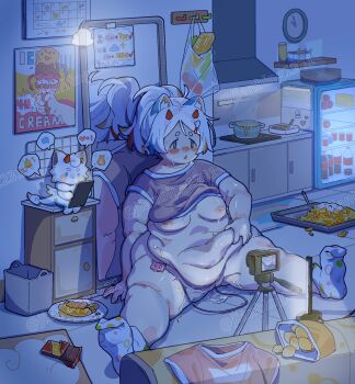 1girl animal_ears belly belly_grab black_eyes blonde_hair blue_hair blush breasts camera chips_(food) clothes_lift dark_room fat fat_woman female_masturbation food full-length_mirror highres indoors lips mascot masturbation medium_breasts medium_hair mirror multicolored_hair navel nipples obese original pancake33 plate ponytail potato_chips pussy pussy_juice pussy_juice_puddle sex_toy shirt shirt_lift sitting socks solo spread_legs sweat t-shirt tablet_pc thick_arms tripod twitter_username vibrator vibrator_cord watermark weight_conscious weight_gain white_hair