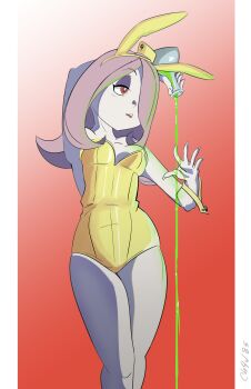 absurdres animal_ears chadgarciaburg cuffs fake_animal_ears half-closed_eyes highres leotard little_witch_academia pink_hair playboy_bunny potion rabbit_ears red_background red_eyes simple_background sucy_manbavaran yellow_leotard