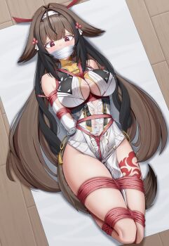 1girl absurdres animal_ears arms_behind_back bdsm blush bondage bound bound_arms bound_legs bound_thighs bound_torso bound_wrists breast_bondage breasts brown_hair bt_(3212637) china_dress chinese_clothes cloth_gag dress droopy_ears embarrassed fox_ears fox_girl fox_tail gag gagged hairband highres improvised_gag large_breasts long_hair red_eyes red_rope restrained rope shibari shibari_over_clothes solo struggling tail very_long_hair ye_shunguang zenless_zone_zero