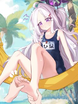 1girl 1other absurdres ahoge arms_at_sides artist_name banbanban_li bare_legs barefoot beach black_one-piece_swimsuit blue_archive blue_sky blurry blurry_background blush character_name chinese_commentary clenched_hands closed_mouth commentary_request day demon_girl demon_horns downturned_eyes embarrassed eyelashes feet flat_chest foot_out_of_frame forehead frown hair_ornament hair_over_shoulder hairclip halo hammock highres hina_(blue_archive) hina_(swimsuit)_(blue_archive) holding_another's_foot horns knees_up legs long_hair looking_down nose_blush notice_lines official_alternate_costume on_hammock one-piece_swimsuit one_side_up outdoors palm_tree parallel_hairclips parted_bangs pov pov_hands purple_eyes purple_halo school_swimsuit sitting sky soles squiggle sweatdrop swimsuit thighs toes tree v-shaped_eyebrows variant_set very_long_hair wet whistle whistle_around_neck white_hair