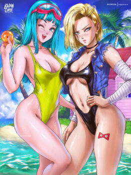2girls :d ;d absurdres adapted_costume android_18 artist_name bare_legs beach black_choker black_one-piece_swimsuit blonde_hair blue_eyes blue_hair blue_sky blunt_bangs blunt_ends breasts breasts_apart casual_one-piece_swimsuit choker clothing_cutout cloud coconut_tree collarbone cropped_jacket curvy day denim denim_jacket detached_sleeves diving_mask diving_mask_on_head dragon_ball dragon_ball_(object) dragonball_z earrings embarrassed eyelashes facing_viewer feet_out_of_frame fingernails goggles goggles_on_head grass hand_on_own_hip highleg highleg_one-piece_swimsuit highres holding_dragon_ball house jacket jewelry kame_house logan_cure looking_at_viewer looking_away maron_(dragon_ball) medium_breasts medium_hair mixed-language_commentary multiple_girls navel navel_cutout ocean one-piece_swimsuit one_eye_closed open_mouth outdoors paid_reward_available palm_tree red_ribbon_army revealing_clothes shiny_skin shiny_swimsuit short_hair sideboob sky sleeveless sleeveless_jacket slingshot_swimsuit smile sparkle standing swimsuit tattoo thighs tree wading wet wide_hips wink yellow_one-piece_swimsuit