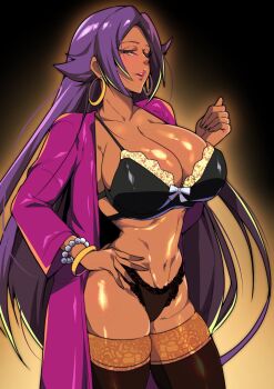 1girl black_thighhighs bleach bracelet breasts collarbone dark-skinned_female dark_skin earrings female_focus hair_down hand_on_own_hip highres hoop_earrings jewelry large_breasts lingerie navel parted_bangs parted_lips purple_hair robe shihouin_yoruichi shiny_skin simple_background skindentation solo solo_focus standing stomach thighhighs thighs underwear yellow_eyes young_pvch
