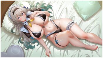 1girl absurdres bikini black_bow blue_eyes bow breasts commission curvy firefly_(honkai:_star_rail) frilled_bikini frilled_thigh_strap frills green_hair grey_hair hand_on_own_chest highleg highleg_bikini highres honkai:_star_rail honkai_(series) huge_breasts long_hair looking_at_viewer lying maid_headdress on_back pillow pixiv_commission ring_light_reflection shrug_(clothing) smile solo swimsuit thigh_strap tomo_eokaiteru