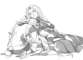 Rule 34 | 2girls, absurdres, braid, commentary, cracked skin, crmnlmlfhntr, death, dying, english commentary, formal clothes, hair down, hair ornament, highres, honkai (series), honkai impact 3rd, jacket, kiana kaslana, kiana kaslana (white comet), leaning back, leaning forward, long hair, long sleeves, looking to the side, messy hair, monochrome, multiple girls, murata himeko, parted bangs, parted lips, sad, shade, sitting, sketch, spoilers, star (symbol), star hair ornament, suit, twin braids, unfinished, wariza, white background