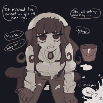 1girl blue_background boots brown_boots brown_eyes brown_gloves brown_hair brown_pants bucket cum cum_on_body cum_on_clothes english_text facial from_above gloves hairband jewelry long_hair looking_at_viewer necklace nokota_(roseary) original pants roseary shadow sitting solo speech_bubble teeth twintails wariza white_hairband