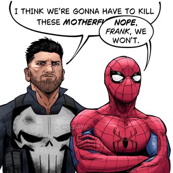 2boys absurdres animal_print artist_name beard black_hair brown_eyes bulletproof_vest chest_hair crossed_arms facial_hair frank_castle highres i_think_we're_gonna_have_to_kill_this_guy_steven_(meme) male_focus marvel mask meme multiple_boys pizza990 scar scar_on_face scar_on_nose skull_print speech_bubble speech_bubble_censor spider-man spider-man:_brand_new_day spider-man_(original_suit) spider-man_(series) spider_print spider_web_print superhero_costume the_punisher_(character) upper_body
