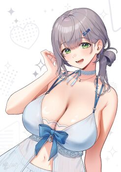 1girl babydoll blue_bow blue_ribbon bow breasts cleavage commentary frilled_ribbon frills green_eyes grey_babydoll grey_hair hair_ornament hairclip heart highres hololive jewelry large_breasts mole mole_on_breast navel neck_ribbon necklace noixen open_mouth ribbon shirogane_noel shirogane_noel_(9th_costume) solo symbol-only_commentary virtual_youtuber