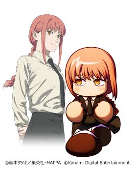 2girls artist_request ball_hands black_coat black_necktie black_pants black_sleeves blush braid braided_ponytail breasts brown_shoes chainsaw_man closed_mouth coat collared_shirt company_name copyright_notice cowboy_shot dress_pants dress_shirt formal_clothes full_body hair_between_eyes hair_tie highres jikkyou_powerful_pro_yakyuu konami lapels long_hair long_sleeves looking_at_viewer low-braided_long_hair low-tied_long_hair makima_(chainsaw_man) medium_breasts multiple_girls necktie no_mouth no_nose nose nostrils notched_lapels official_art official_art_inset pants pink_hair power_pro_appli projected_inset ringed_eyes second-party_source shirt shirt_tucked_in shoes sidelocks single_braid smile split_mouth studio_mappa thick_lineart walking white_shirt white_sleeves wing_collar yellow_eyes