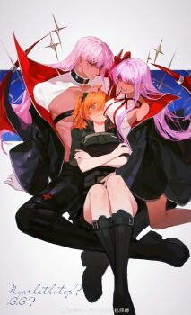 1boy 2girls absurdres ahoge bb_(fate) bb_(swimsuit_mooncancer)_(third_ascension)_(fate) black_coat blush boots bow boy_and_girl_sandwich breasts coat crossed_arms de678997 fate/grand_order fate_(series) fujimaru_ritsuka_(female) full_body genderswap genderswap_(ftm) hair_between_eyes hair_bow hair_ribbon highres kneeling large_breasts long_hair multiple_girls one_eye_closed one_side_up open_mouth orange_hair pants purple_hair red_eyes red_ribbon ribbon sandwiched shirt sitting sitting_between_lap smile very_long_hair watermark weibo_watermark
