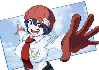 1girl breasts gloves hat izumo_fuuko large_breasts necktie open_mouth smile solo undead_unluck