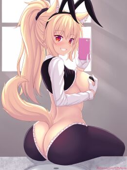 1girl animal_ear_fluff animal_ears artist_self-insert ass black_hiphighs black_scrunchie black_vest blonde_hair blush breasts cat_ears cat_girl cat_tail cellphone commentary counter covered_erect_nipples crop_top english_commentary fake_animal_ears gloves grin high_ponytail highres hiphighs holding holding_phone indie_virtual_youtuber indoors large_breasts nottytiffy original pasties patreon_username phone playboy_bunny ponytail rabbit_ears rabbit_girl red_eyes reverse_bunnysuit reverse_outfit scrunchie selfie shirt sidelocks sink slit_pupils smartphone smile tail tiffy_(nottytiffy) vest virtual_youtuber watermark web_address white_gloves white_shirt window