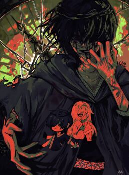 Rule 34 | 1boy, absurdres, black cloak, black eyes, black hair, black robe, blood, bloody tears, broken glass, character doll, claw pose, cloak, commentary, crazy grin, curled up, doll, dual persona, english commentary, glass, hand up, head wreath, highres, hood, hood down, kyta 5, looking at viewer, mad prince, male focus, nephis (shadow slave), outstretched hand, robe, shadow slave, short hair, sunny (shadow slave), white robe