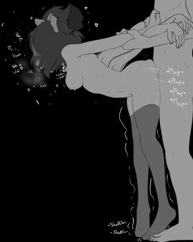 1boy 1girl arm_behind_back arthropod_girl ass_ripple bell black_background blush bow breasts breath extra_arms fangs greyscale haaru hair_bow head_out_of_frame heart heavy_breathing hetero highres holding_another's_arm insect_girl jingle_bell monochrome monster_girl muffet neck_bell nipples nude plap rough_sex sex sex_from_behind spider_girl sweat thighhighs tiptoes trembling undertale utdr_(toby_fox)