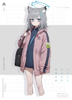 Rule 34 | 1girl, absurdres, ai-assisted, amenatsu, animal ear fluff, animal ears, bag, black bag, blue archive, blue eyes, blue halo, blue shirt, checkered background, collared shirt, cross hair ornament, feet out of frame, grey hair, hair ornament, halo, highres, hood, hooded jacket, jacket, legs, long shirt, makeup, o o, pink jacket, shiroko (blue archive), shirt, short hair, shoulder bag, solo, standing, tear bag makeup, thighs, wolf ears