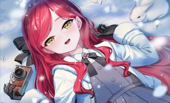 1girl black_gloves blue_archive camera commentary_request dress fur_trim gloves grey_dress hairband highres holding holding_camera jacket long_hair looking_at_viewer lying on_back paid_reward_available rabbit red_hair sion_(9117) snow solo takane_(blue_archive) white_jacket yellow_eyes