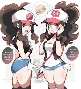1girl ass baseball_cap black_vest blue_eyes blush breasts brown_hair burger cutoffs denim denim_shorts exposed_pocket food hat high_ponytail highres hilda_(pokemon) long_hair looking_at_viewer nintendo one_eye_closed open_clothes open_mouth open_vest poke_ball_print pokemon pokemon_bw ponytail saliva shiny_skin shirt short_shorts shorts sidelocks smile solo teeth touyarokii vest white_shirt wristband