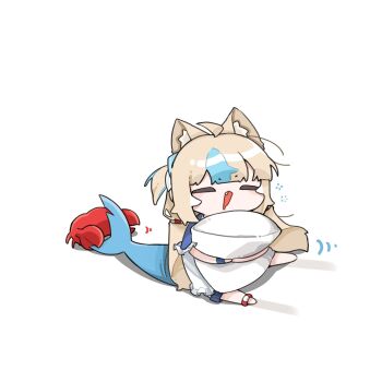 1girl =_= ahoge animal_ear_fluff animal_ears blonde_hair blue_sailor_collar cat_ears chibi chibi_only closed_eyes commentary_request dress facing_viewer fang fish_girl full_body highres holding holding_pillow hugging_object ilgong indie_virtual_youtuber kaniki_(sameko_saba) long_hair mixed-language_commentary multicolored_hair open_mouth pillow pillow_hug sailor_collar sameko_saba sitting solo squeans streaked_hair twintails virtual_youtuber white_dress
