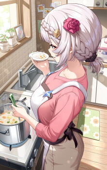 1girl alternate_costume apron artist_name black_scrunchie braid breasts brown_skirt commentary_request contemporary cooking cooking_pot cowboy_shot day flower food from_side genshin_impact green_eyes grey_hair hair_flower hair_ornament hair_scrunchie highres holding holding_saucer indoors jewelry kitchen ladle large_breasts long_sleeves medium_hair no-ba noelle_(genshin_impact) parted_lips photo_(object) pink_shirt plant ponytail potted_plant rice_cooker ring saucer scrunchie shirt sink skirt solo stew stove sunlight tile_wall tiles wedding_ring white_apron window wooden_floor