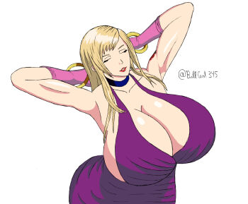 Rule 34 | 1girl, absurdres, arm tattoo, armpits, arms behind head, artist name, b. jenet, blonde hair, breasts, cleavage, closed eyes, collarbone, dress, fatal fury, fatal fury: city of the wolves, female focus, fingerless gloves, garou: mark of the wolves, gloves, highres, huge breasts, long hair, makeup, no bra, parted lips, pink gloves, purple dress, red lips, rose tattoo, seductive smile, sideboob, sleeveless, sleeveless dress, smile, snk, solo, tattoo, the king of fighters, white background