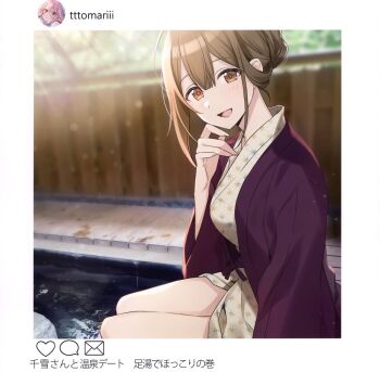 Rule 34 | 1girl, bad link, brown hair, coat, highres, idolmaster, idolmaster shiny colors, kuwayama chiyuki, long hair, looking at viewer, onsen, open mouth, purple coat, sitting, smile, solo, sunlight, tomari (veryberry00), tree, wooden floor