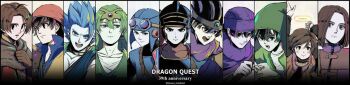 6+boys absolutely_everyone ancestor_and_descendant anniversary armor arms_up bandana black_border black_eyes black_hair blue_eyes blue_hair blue_tunic bodysuit border brown_gloves brown_hair circlet commentary_request copyright_name dragon_quest dragon_quest_i dragon_quest_ii dragon_quest_iii dragon_quest_iv dragon_quest_ix dragon_quest_v dragon_quest_vi dragon_quest_vii dragon_quest_viii dragon_quest_x dragon_quest_xi earrings everyone gloves goggles goggles_on_headwear gold_choker gold_headdress green_tunic halo hat_flaps helmet hero_(dq1) hero_(dq10) hero_(dq11) hero_(dq3) hero_(dq4) hero_(dq5) hero_(dq6) hero_(dq7) hero_(dq8) hero_(dq9) in-franchise_crossover jewelry long_image looking_at_viewer male_focus multiple_boys open_mouth orange_bandana orange_bodysuit parted_hair prince prince_of_lorasia purple_turban roto_(dq3) short_hair silver_circlet single_earring slime_(dragon_quest) smile spiked_hair tara_(677965) tunic turban twitter_username upper_body wide_image