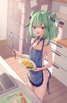 1girl apron blue_apron blue_collar blue_ribbon breasts carrot collar cooking cutting_board detached_collar double_bun earrings food green_eyes hair_bun hair_ornament hair_ribbon highres holding holding_ladle holding_plate hololive jewelry kitchen ladle looking_at_viewer microwave naked_apron omelet omurice onion plate ray_peng red_eyes refrigerator ribbon short_hair sidelocks sink skull_earrings skull_hair_ornament small_breasts solo uruha_rushia vegetable virtual_youtuber
