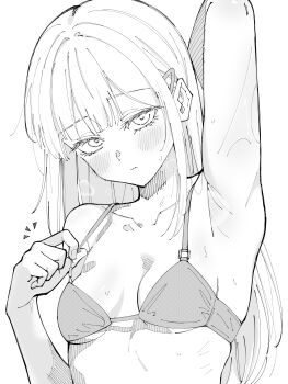1girl armpits bang_dream! bang_dream!_it's_mygo!!!!! blush bra breasts collarbone commentary_request greyscale hair_ornament hairclip highres long_hair monochrome mortis_(bang_dream!) mortis_(persona)_(bang_dream!) sidelocks simple_background small_breasts solo sweat tsuyudashimirin underwear upper_body wakaba_mutsumi white_background