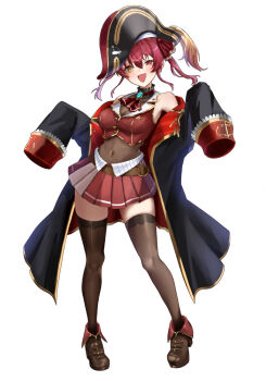 1girl :d ascot black_jacket breasts brown_thighhighs cleavage covered_navel cropped_vest fang full_body gold_trim heterochromia hololive houshou_marine houshou_marine_(1st_costume) jacket large_breasts leotard leotard_under_clothes miniskirt open_mouth pleated_skirt plume red_ascot red_eyes red_hair red_skirt setta_shu simple_background skirt sleeves_past_wrists smile solo standing thighhighs twintails two-sided_fabric two-sided_jacket vest virtual_youtuber white_background yellow_eyes zettai_ryouiki
