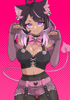 1girl :3 absurdres ahoge animal_ear_fluff animal_ears bare_shoulders bell belt black_hair black_nails black_shirt bow breasts cat_ears cat_girl chain cleavage closed_mouth commentary cowboy_shot crop_top dark-skinned_female dark_skin demon_tail elbow_gloves english_commentary eyelashes fingerless_gloves fingernails fishnet_gloves fishnet_pantyhose fishnets gaimo_jarga gloves hair_bell hair_ornament hairclip heart heart_ahoge heart_hair_ornament heart_hairclip highres ironmouse ironmouse_(pink_rock) kemonomimi_mode long_hair midriff multicolored_hair nail_polish navel official_alternate_hair_color pantyhose paw_pose pink_background pink_belt pink_bow pink_hair pink_shorts purple_eyes shiny_skin shirt short_shorts shorts skull_ornament smile solo star_(symbol) tail tan torn_clothes torn_shorts two-tone_hair virtual_youtuber vshojo