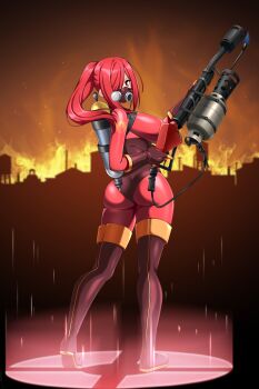Rule 34 | 1girl, absurdres, ass, black boots, black gloves, bodysuit, boots, breasts, canister, commission, fiery background, fire, flamethrower, full body, gas mask, genderswap, genderswap (otf), gloves, glowing, glowing floor, hair over one eye, highres, holding, holding flamethrower, holding weapon, impossible bodysuit, impossible clothes, large breasts, latex, latex bodysuit, lindaroze, long hair, looking at viewer, looking back, mask, night, outdoors, ponytail, pyro (tf2), red bodysuit, red eyes, red hair, red pyro (tf2), second-party source, sky, solo, standing, team fortress 2, thigh boots, weapon