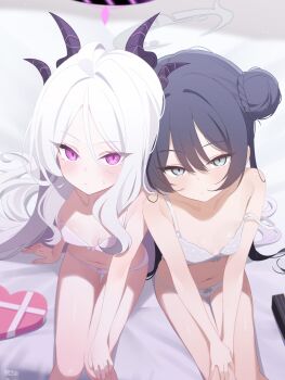 2girls ahoge bed_sheet black_hair blue_archive box bra braid breasts bun_with_braided_base closed_mouth commentary_request demon_girl demon_horns deyui double_bun duplicate grey_bra grey_eyes grey_panties hair_bun halo hand_on_own_knee heads_together heart-shaped_box highres hina_(blue_archive) horns kisaki_(blue_archive) long_hair looking_at_viewer multiple_girls navel panties polka_dot polka_dot_bra polka_dot_panties sidelocks sitting slit_pupils small_breasts stomach striped_bra striped_clothes striped_panties thigh_gap twintails underwear underwear_only very_long_hair white_hair