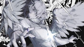 Rule 34 | 1girl, androgynous, black background, blood, blue blood, commentary request, feathered wings, four-pointed star, hair between eyes, halo, highres, jacket, looking at viewer, original, pale skin, parted lips, pointy ears, star (symbol), turtleneck, turtleneck jacket, upper body, white eyes, white hair, white halo, white jacket, wings, xyz 0dr, zipper