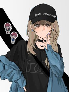Rule 34 | 1girl, baseball cap, black hat, black nails, black shirt, blue jacket, blue nails, brown eyes, brown hair, character sticker, closed mouth, commentary, earclip, girls band cry, guitar case, hand on own hip, hand up, hat, highres, hokureisuzume, instrument case, instrument on back, iseri nina, jacket, kawaragi momoka, long hair, long sleeves, looking at viewer, multicolored nails, nail polish, open clothes, open jacket, shirt, simple background, solo, sticker, upper body, white background