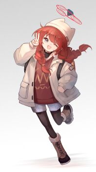Rule 34 | 1girl, ;d, absurdres, animal ear headphones, animal ears, backpack, bag, beanie, black pantyhose, black shirt, blue archive, blue eyes, blue shorts, boots, braid, braided twintails, brown boots, brown coat, brown hat, chinese commentary, coat, collared shirt, commentary request, fake animal ears, full body, gradient background, grey background, halo, hanchansiqingyun, hand up, hat, head tilt, headphones, highres, lace-up boots, leg up, long hair, long sleeves, looking at viewer, maki (blue archive), maki (camp) (blue archive), official alternate costume, official alternate hairstyle, one eye closed, open clothes, open coat, open mouth, pantyhose, pocket, procreate (medium), puffy long sleeves, puffy sleeves, red hair, red halo, red sweater, running, shadow, shirt, shorts, smile, solo, sweater, twin braids, twintails, v, white shirt
