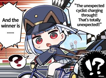 Rule 34 | 1girl, ?, bicycle, black hat, black jacket, blue hair, blunt bangs, center-flap bangs, commentary, english commentary, english text, floating hair, flower, flying sweatdrops, freesia (stella sora), grey skirt, hair flower, hair ornament, hat, highres, jacket, long hair, long sleeves, miniskirt, motion lines, nako775, official art, open mouth, pinstripe pattern, pinstripe shirt, pleated skirt, racing, red eyes, red shirt, riding, riding bicycle, shirt, side ponytail, sidelocks, skirt, solo focus, speed lines, spoken question mark, stella sora, sweatdrop, very long hair, white flower