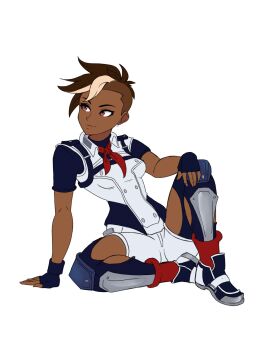 1girl blonde_hair blue_gloves blue_shirt blue_shoes brown_hair chaps closed_mouth commentary english_commentary eyelashes fingerless_gloves flat_color full_body gloves hand_on_own_leg harriet_bree highres mohawk multicolored_hair neckerchief pink_eyes red_neckerchief red_socks ric_m_90 rwby shirt shoes short_hair short_sleeves shorts simple_background sitting smile socks solo two-tone_hair very_short_hair vest white_background white_shorts white_vest