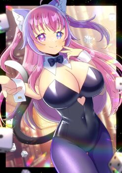 1girl ahoge animal_ears bare_shoulders black_border black_bow black_bowtie black_leotard blue_eyes blurry blurry_foreground border bow bowtie breasts cat_ears cat_girl cat_tail cleavage closed_mouth commentary_request commission covered_groin covered_navel depth_of_field dice grey_pantyhose heterochromia kou_hiyoyo large_breasts leotard multicolored_hair original outside_border pantyhose pink_hair purple_eyes purple_hair skeb_commission smile solo strapless strapless_leotard streaked_hair tail thigh_gap two_side_up wrist_cuffs