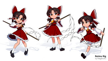 1girl 3d ascot bloomers bow brown_eyes brown_hair character_name chibi commentary detached_sleeves dress english_commentary hair_bow hair_tubes hakurei_reimu highres holding japanese_clothes looking_at_viewer looking_up miko multiple_views parted_bangs red_bow red_dress running smile takki_thammawan talisman touhou underwear v-shaped_eyebrows wide_sleeves yellow_ascot