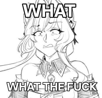 1girl bare_shoulders breasts brooch cess_(c23327474) cleavage commentary constricted_pupils detached_collar english_commentary genshin_impact jewelry long_hair monochrome profanity sandrone_(genshin_impact) simple_background solo upper_body white_background