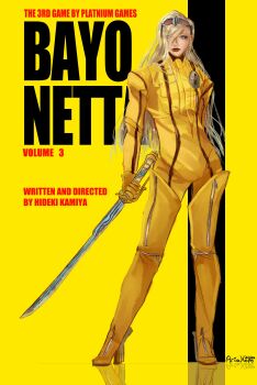 Rule 34 | 1girl, absurdres, adapted costume, aria hope, bayonetta (series), bayonetta 3, beatrix kiddo, beatrix kiddo (cosplay), boots, bruce lee's jumpsuit, cosplay, full body, high heel boots, high heels, highres, jeanne (bayonetta), jumpsuit, kill bill, long hair, looking at viewer, movie poster (medium), parted lips, poster parody, reflective floor, solo, standing, sword, very long hair, weapon, yellow background, yellow jumpsuit