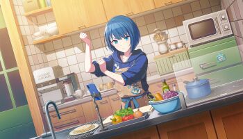 1girl apron bell_pepper bird blue_eyes blue_hair blue_hoodie bob_cut bowl brown_apron carrot cellphone clenched_hand closed_mouth collarbone colorful_palette dutch_angle fork frown game_cg grow_glorious_glow_(project_sekai) highres hood hoodie kiritani_haruka kitchen ladle looking_at_viewer microwave official_art onion penguin phone plate project_sekai sink smartphone solo spoon third-party_source tomato v-shaped_eyebrows wooden_spoon