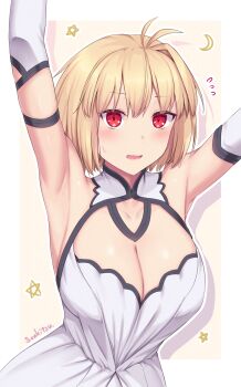 1girl ahoge alternate_breast_size_(larger) arcueid_brunestud armpit_focus armpits bare_shoulders blonde_hair blush breasts cleavage cleavage_cutout clothing_cutout detached_collar detached_sleeves dress elbow_gloves flower gloves hair_between_eyes hair_flower hair_ornament highres huge_breasts large_breasts official_alternate_costume red_eyes short_hair sleeveless sleeveless_dress soukitsu tsukihime tsukihime_(remake) white_dress white_gloves