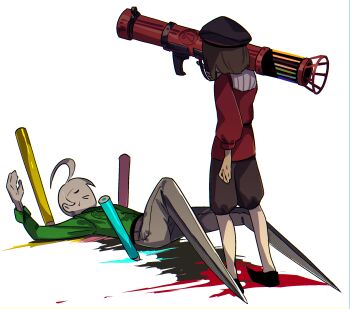 2boys asymmetrical_bangs belt beret black_belt black_hat black_shoes black_shorts breasts brown_hair colored_pencil colored_pencils_(paper_mario) commentary_request crest denim dress_shirt faceless faceless_male from_behind full_body green_shirt grey_pants hand_up hat highres holding_cannon jeans knees_up leg_blade long_sleeves lying male_focus mario_(series) medium_breasts multiple_boys mumumu57hiro nervous_smile nintendo on_back open_mouth over_shoulder oversized_object pants paper_mario paper_mario:_the_origami_king pencil personification pinned pocket pointy_shoes puffy_long_sleeves puffy_shorts puffy_sleeves red_tunic scissors_(paper_mario) shirt shoes short_hair shorts simple_background skirt sleeve_cuffs smile standing sweatdrop tunic weapon weapon_over_shoulder white_background white_hair white_shirt white_skirt