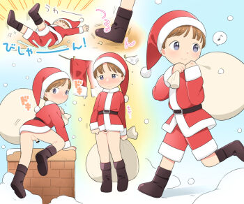 1boy ass bag belt black_footwear blue_eyes blush boots bottomless brown_hair carrying carrying_over_shoulder censored chimney christmas closed_mouth clothesline flaccid frown hanging_clothes hat holding holding_bag holding_behind_back hurt injury japanese_text looking_at_viewer looking_back male_focus multiple_views musical_note on_ground outdoors panties penis perineum red_shorts running santa_bag santa_boots santa_costume santa_hat santa_shorts shibacco shorts shota slipping smile snow snowing standing testicles translation_request underwear wavy_mouth wet x_(symbol)