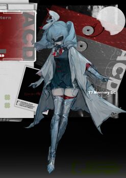 Rule 34 | 1girl, absurdres, black jacket, black shorts, boots, commentary, copyright name, covered eyes, english commentary, english text, full body, gloves, grey hair, highres, jacket, kikihuihui, medium hair, name tag, necktie, original, red necktie, red thighhighs, shirt, shorts, silver boots, solo, standing, thigh boots, thighhighs, thighs, twintails, white gloves, white hair, white jacket, white shirt