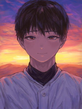 1boy baseball_uniform black_hair brown_eyes choppy_bangs closed_mouth cloud commentary english_commentary highres looking_at_viewer male_focus okubatomaeba orange_sky original outdoors portrait purple_clouds shirt short_hair sky smile solo sportswear sunset very_short_hair white_shirt